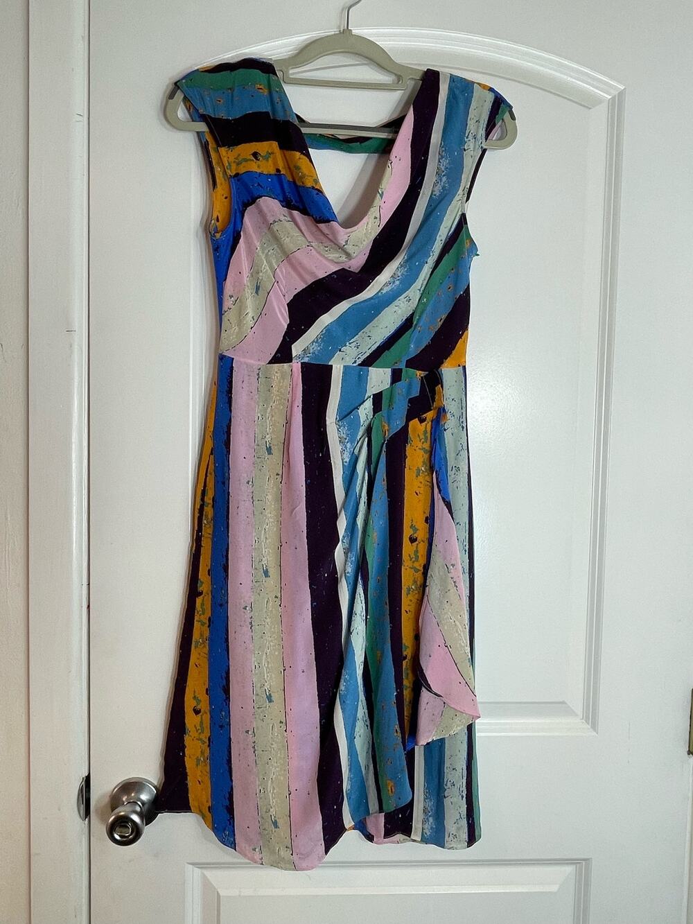 Y2K Plenty by Tracy Reese Silk Dress Size 0 Striped Drape Neck Sash Country Club